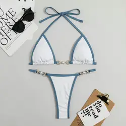 Kobiety stroje kąpielowe kostiumy kąpielowe damskie Bikini Set stringi kąpielowe eleganckie sztuczna perła Lady strój kąpielowy