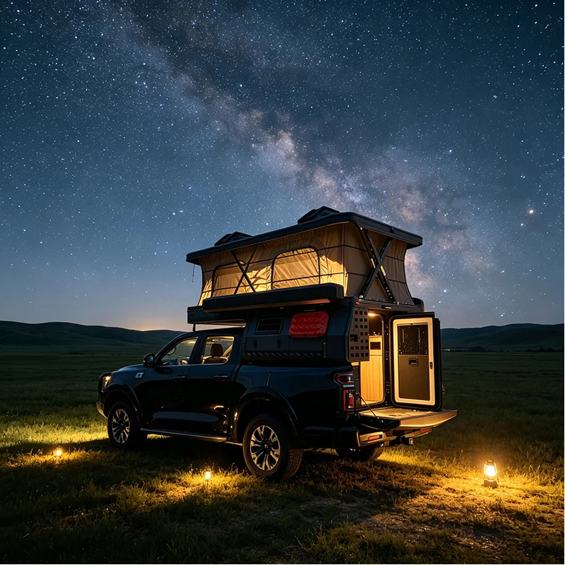 Truck Camper Shell Aluminum Pickup Truck Camper with Pop Up Roof Waterproof Insulated Cabin for Off Road Overland Camping