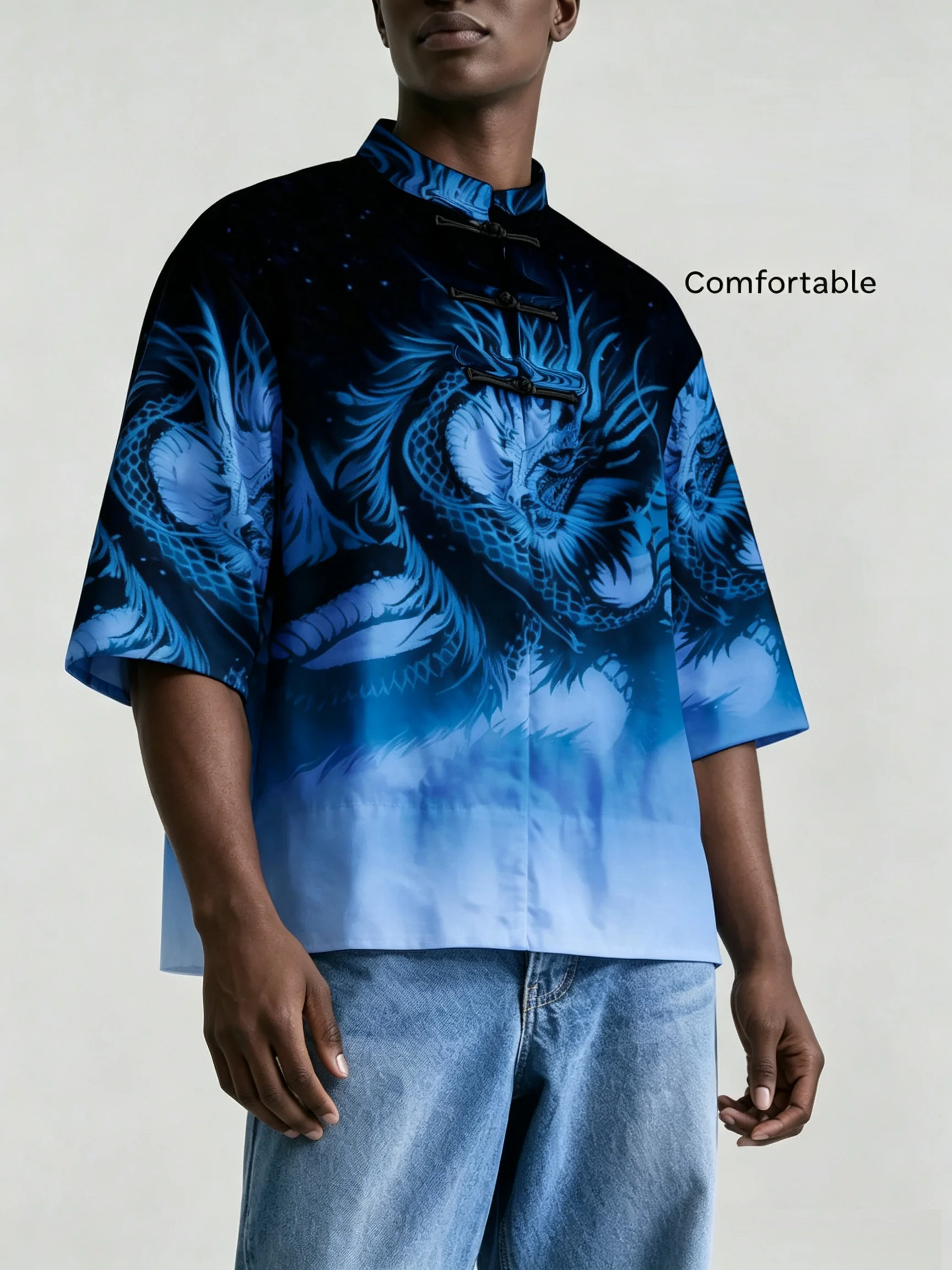 Men Men Chinese Style Frog Button Stand Collar Shirt, Loose Short Sleeve Dragon Tiger Print Casual Blouse For Summer - Aliexpress Deal