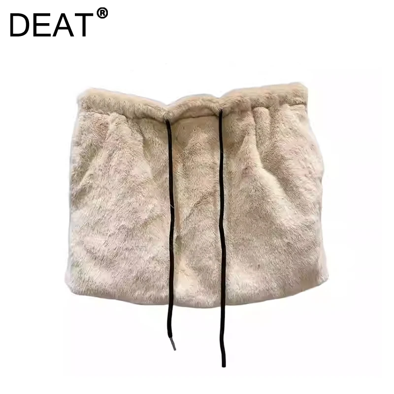 DEAT Women's Skirt Plush Drawstring Wrap Hips High Waist Solid Color Female Short Skirts 2024 New Fashion Winter 11A01668