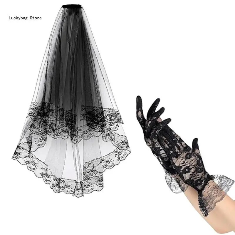 Festival Lace Veil and Gloves Set Cosplay Headpieces for Halloween Celebrations