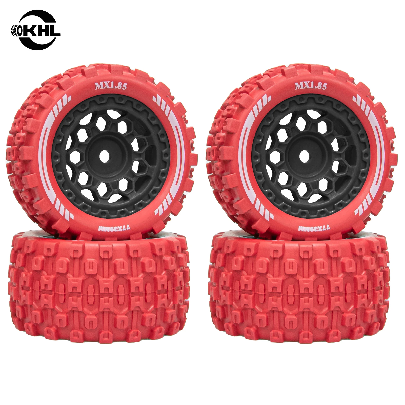 HFLRC 4PCS MX1.85 Tires Wheels 77x39mm 12mm Hex Two-Tone PA66 Rims for ARRMA Typhon Grom Granite Senton Mojave MJX Hyper Go