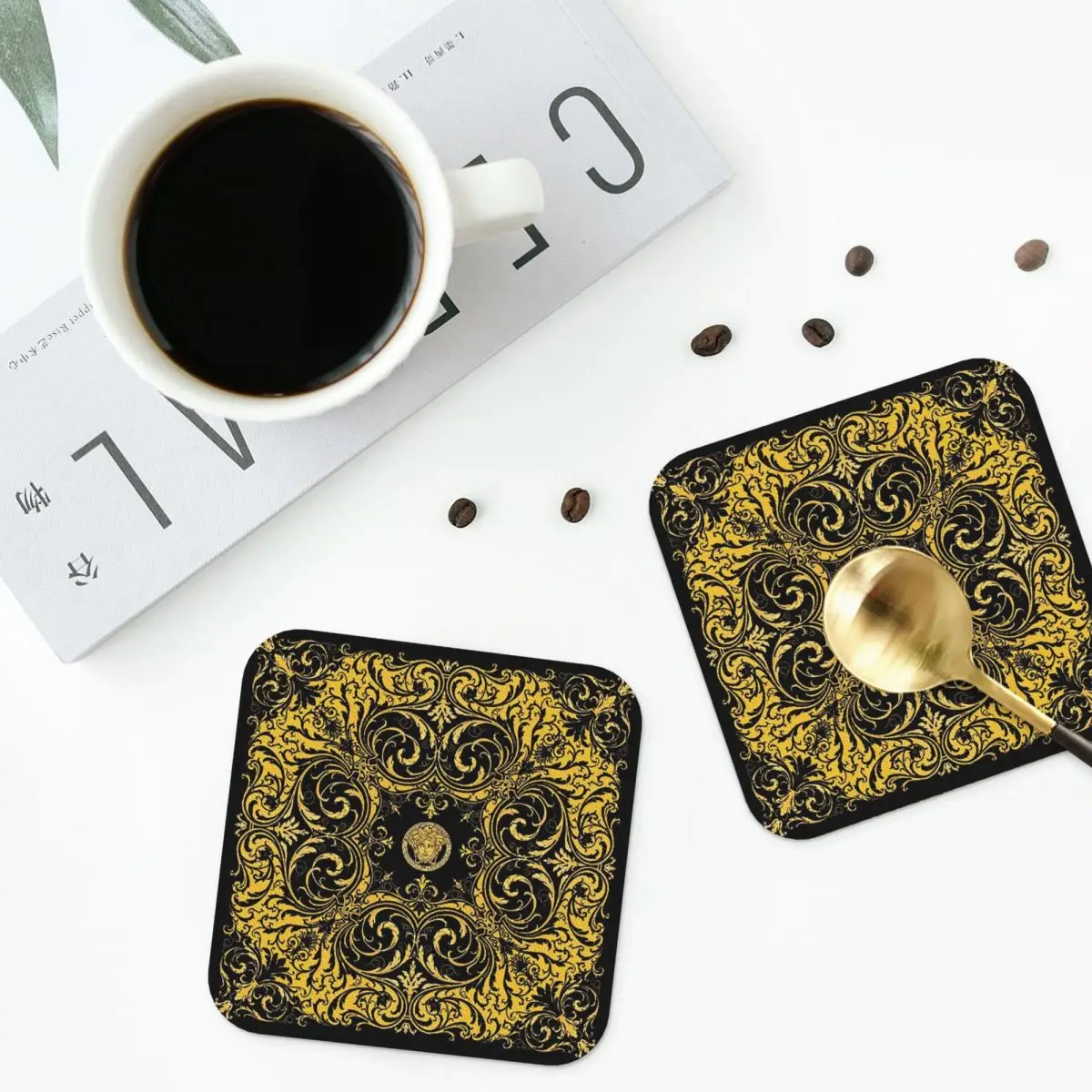 Decorative Golden Medallion Baroque Coasters Leather Placemats  Insulation Coffee Mats For Home Kitchen Dining Pads Set of 4