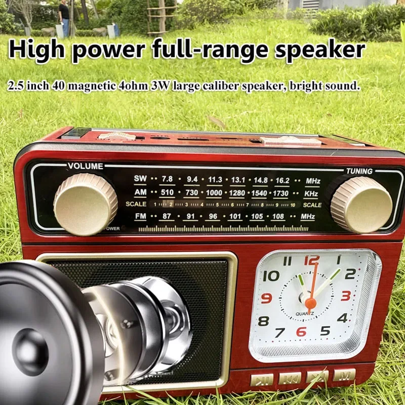 Portable Solar Charging Bluetooth Speaker Retro FM AM SW Band Radio Emergency Radios with LE Flashlight High Power TF USB Player
