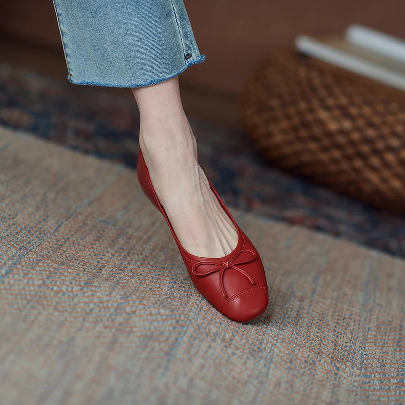 Spring Summer Women's Flat Shoes  Knot Red Sneakers Soft Bottom round Toe Fashionable Casual Footwear