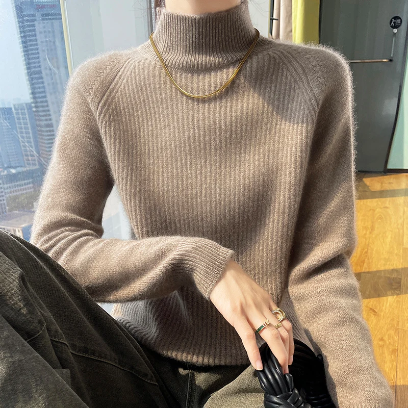 Women\'s winter sweater 100% Merino wool thick warm semi-high neck pullover solid color vertical pit cashmere sweater casual top