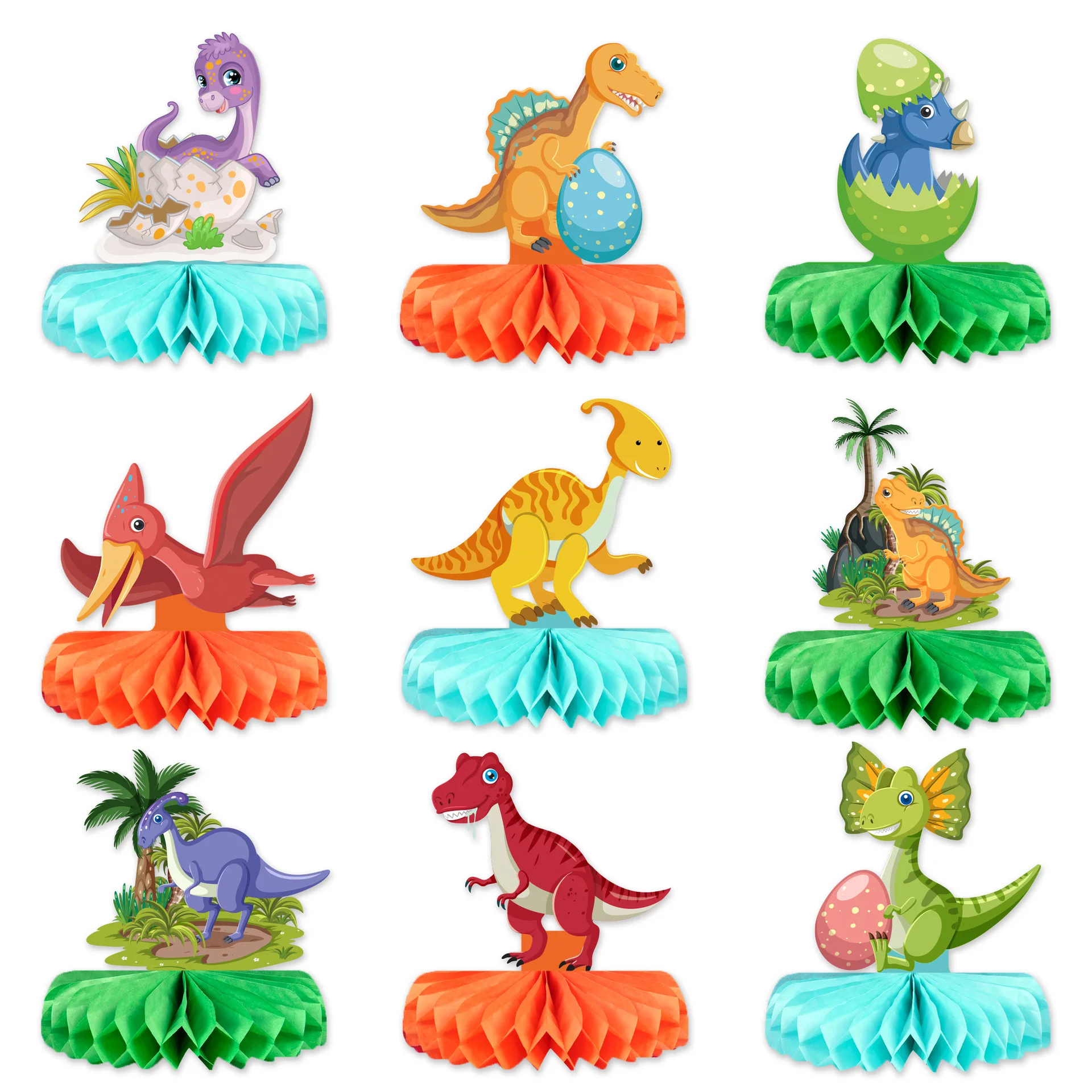 9Pcs Cartoon Dinosaur Theme Party Desktop Honeycomb Tabletop Decor Jungle Safari Roar Dino Kids Birthday Baby Shower Party Gift