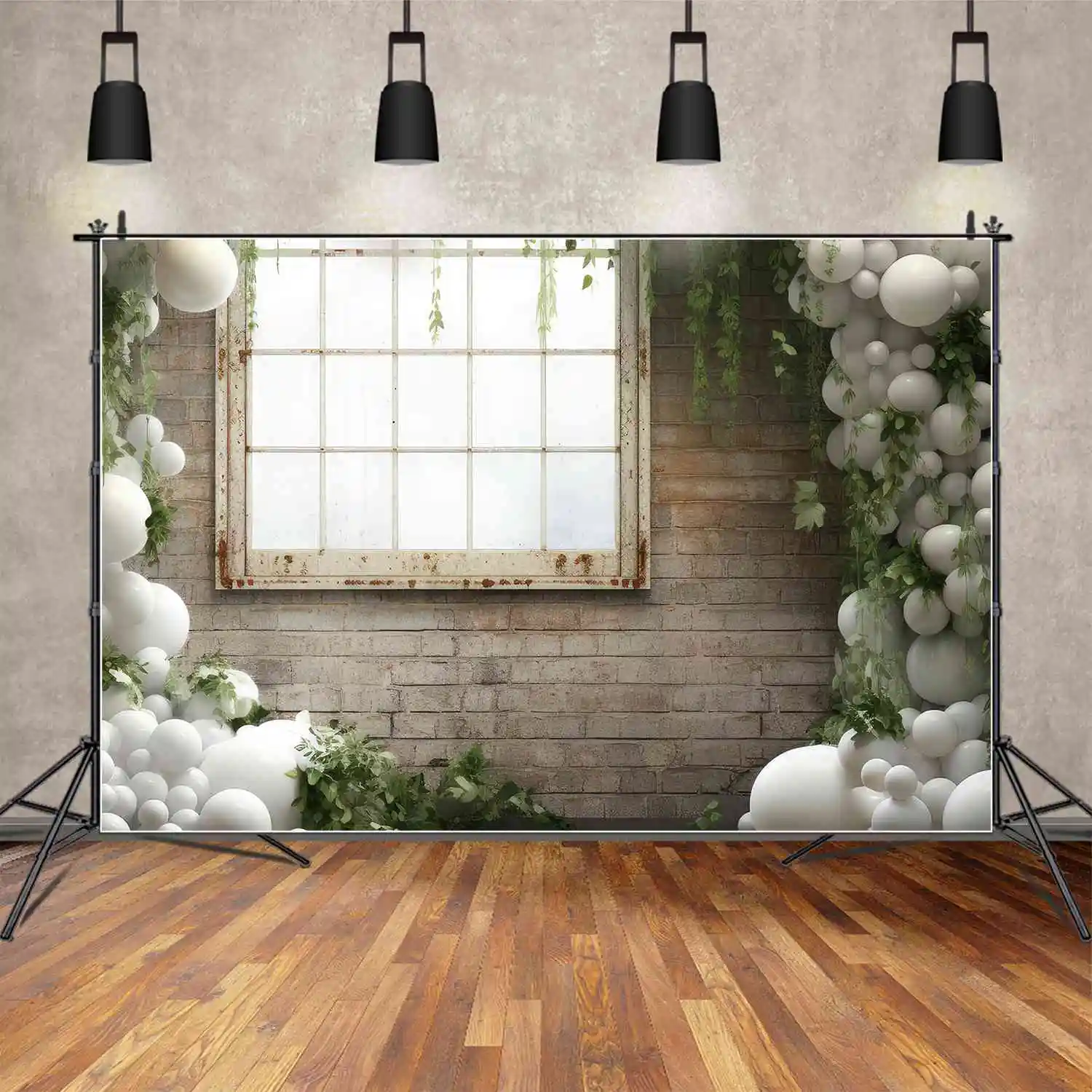 MOON.QG fondale matrimonio mattone ritratto finestra per foto drappeggio palloncino bianco erba verde sfondo decorazione festa di compleanno