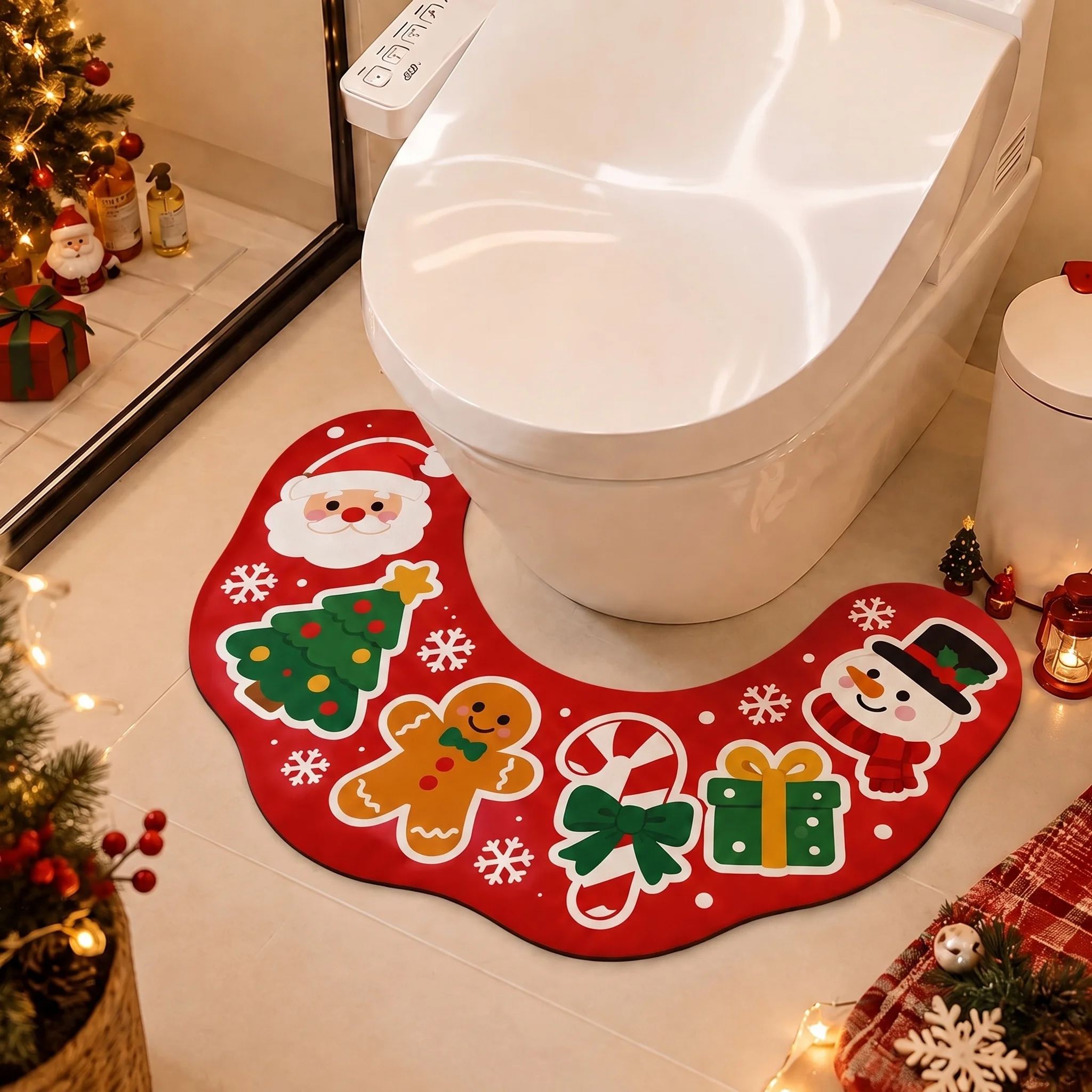 VIKAMA Santa Snowman Gingerbread U Shaped Toilet Mat, Soft Plush Flannel Bath Rug, Non Slip Absorbent Washable Bathroom Mat