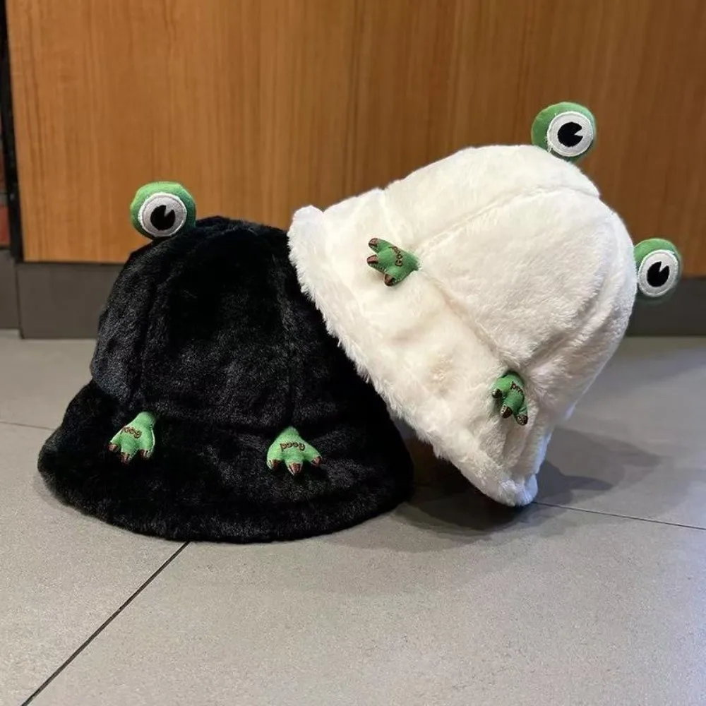 Cute Frog Thickened Fisherman Hat No Brim Windproof Bucket Hat Versatile Round Top Winter Hat For Women