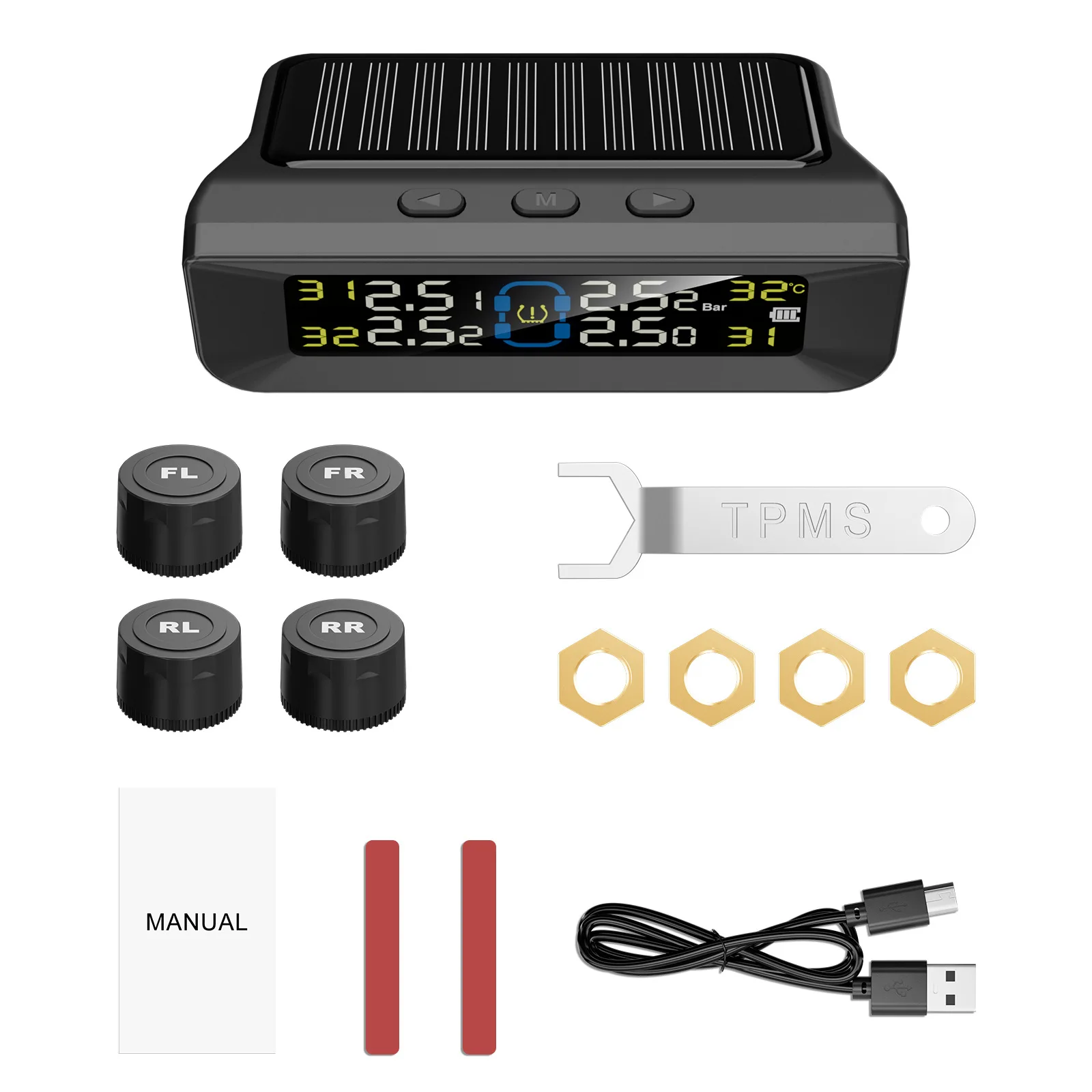 

Car TPMS Tire Pressure Monitoring System Solar/USB Charging HD Digital LCD Display Auto Alarms Wireless External Sensors TPMS