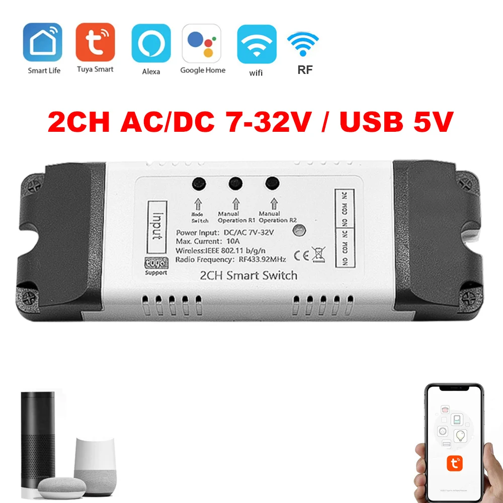 Tuya Smart Switch WIFI Wireless Relay Module Compatible Alexa Work For Garage Door, Electric Lights, Water Pumps, Curtains