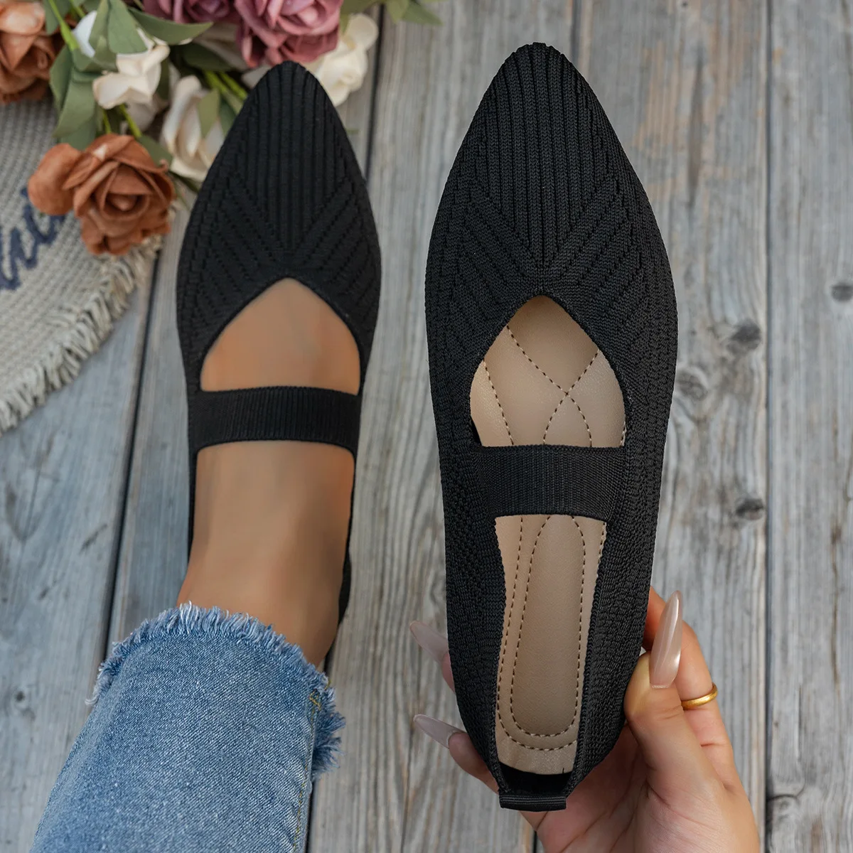 Hollow Knitted Pointed Toe Mary Jane Flat Shoes Multiple Colors Available  Soft Sole Slip On Strap Casual Work Shoes For Women