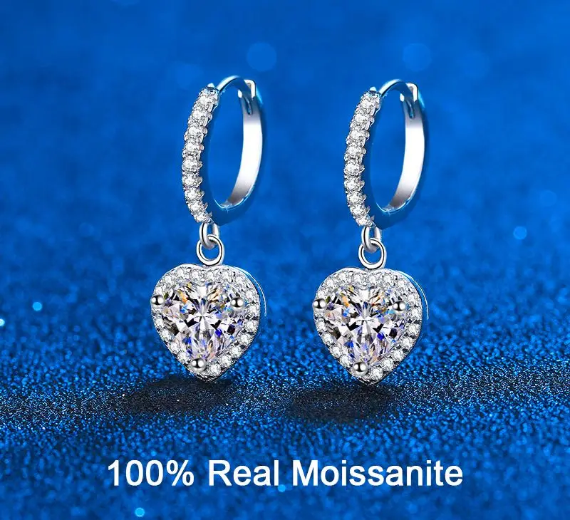 

2ct Moissanite Heart Dangle Halo Drop Earrings D Color Lab Created Diamond Sterling Silver Luxury Huggie Hoop Earrings for Women