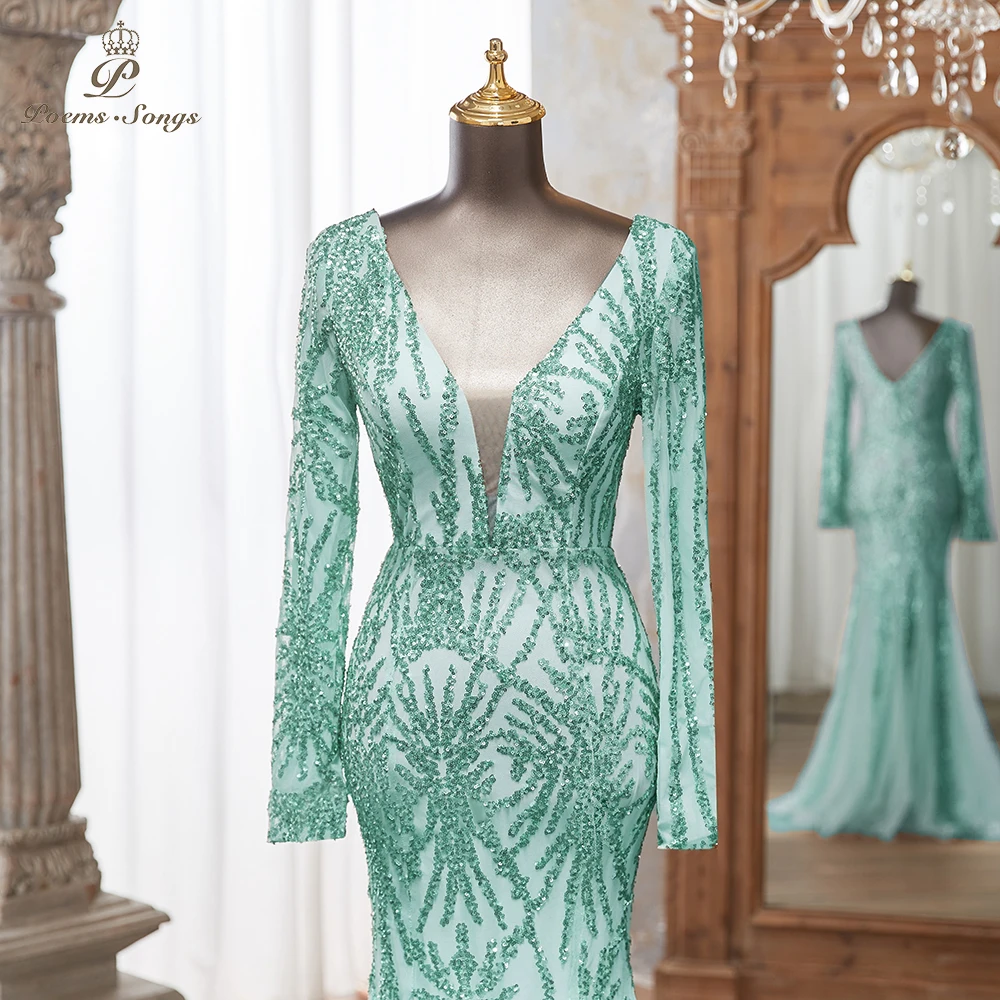 Luxurious Mint green Long Sleeve Sequin Gown Deep V-Neck Embellished Pattern Mermaid Formal Dress Elegant Evening Special Events