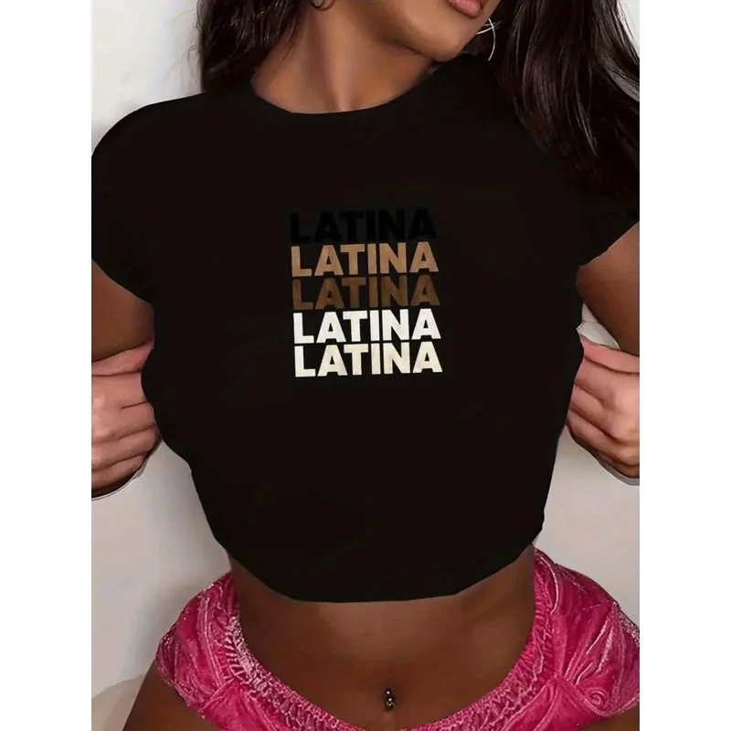 Women Y2K Latina Skin Tone Letter Print Crop T Shirt Slim Fit Short Sleeve O Neck Navel Tee Summer Casual Streetwear Cropped Top