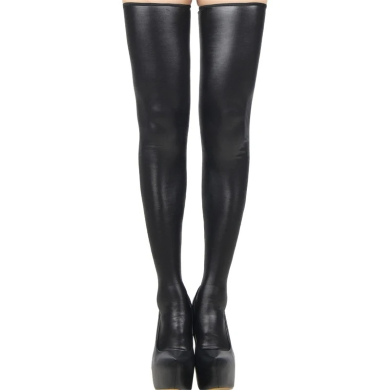 Women Faux Leather Long Socks Sexy Zipper Wetlook Over Knee Stockings Lingerie