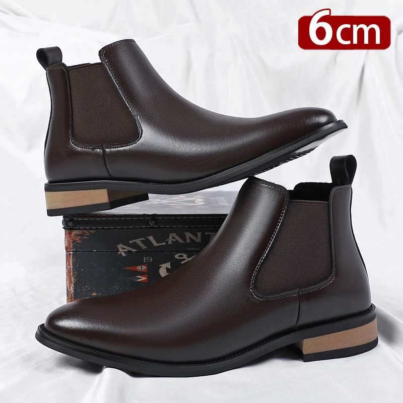 

Winter New Men's Boots Genuine Leather Luxury Chelsea Boots Hidden Heels 6CM Height Increasing Shoes Man Outdoor Keep Warm Boots