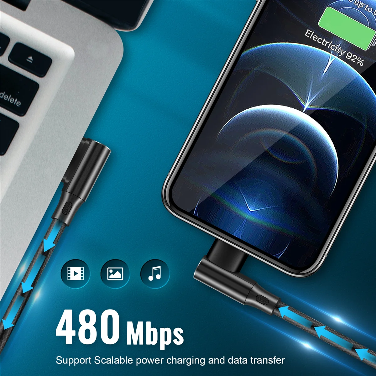 Cable de datos USB-C 3.1 tipo C a ángulo izquierdo y derecho de 90 grados USB 2.0 con funda para tableta y teléfono 15 cm