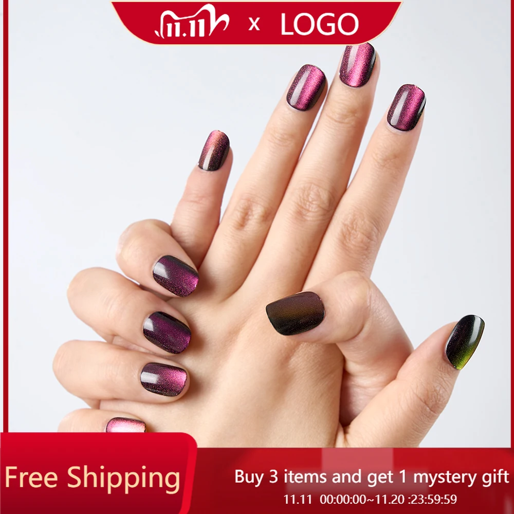 

10PCS Handmade Purple Red Cat Eye Press On Nails Glossy Short Square Fake Nails Shiny False Nails For Women Girls Party Nail