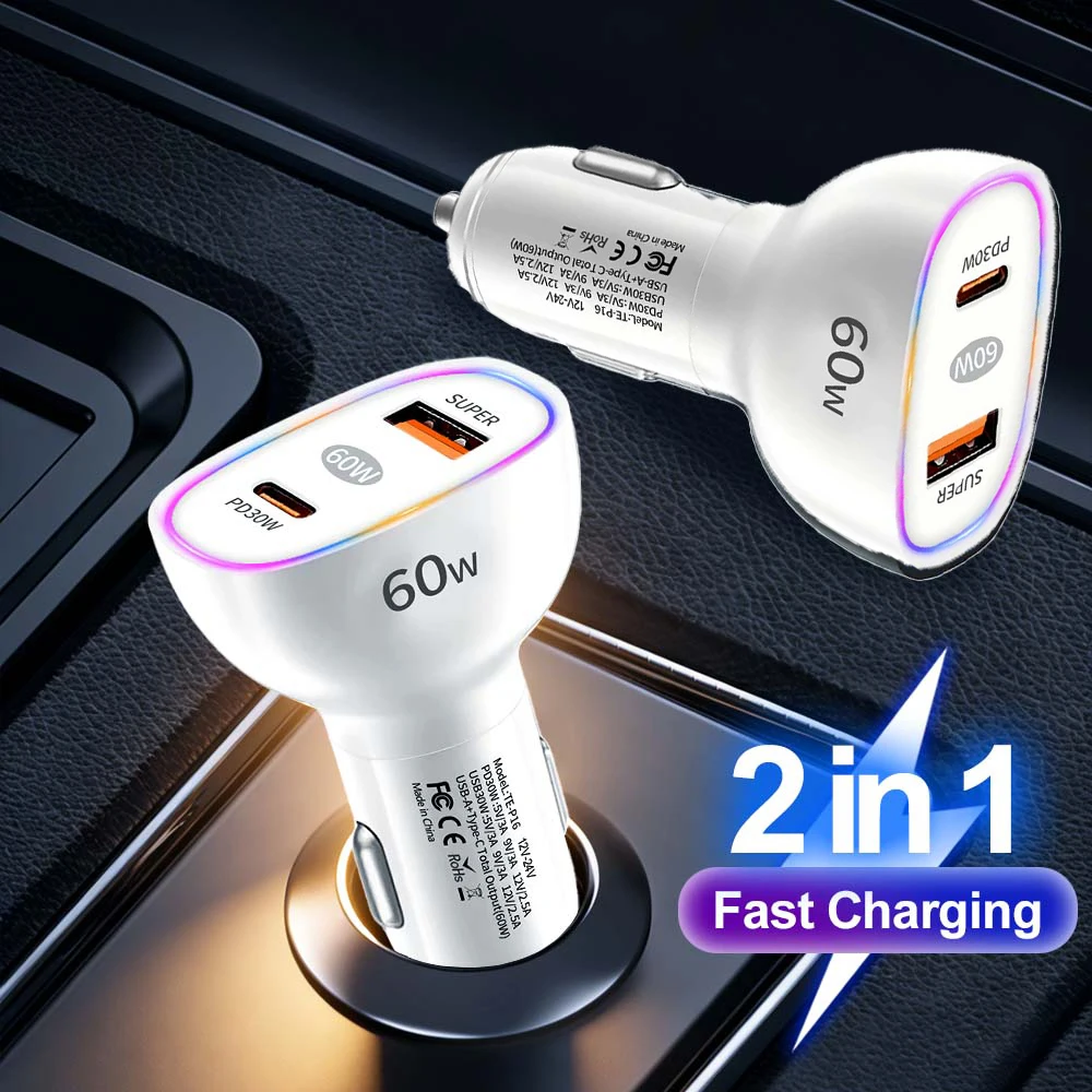 

60W USB C Car Charger QC3.0 3A Dual C Cigarette Lighter Super Fast Car Charger Adapter PD30W+PD30W White Car Phone Charger