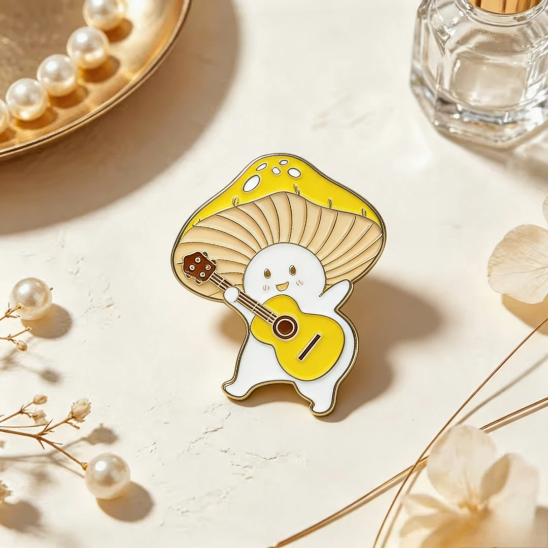 Musician Mushroom Guitar Enamel Lapel Pin Cute Cartoon Fungi Metal Badge Backpack Cottagecore Fashion Decor Ornament