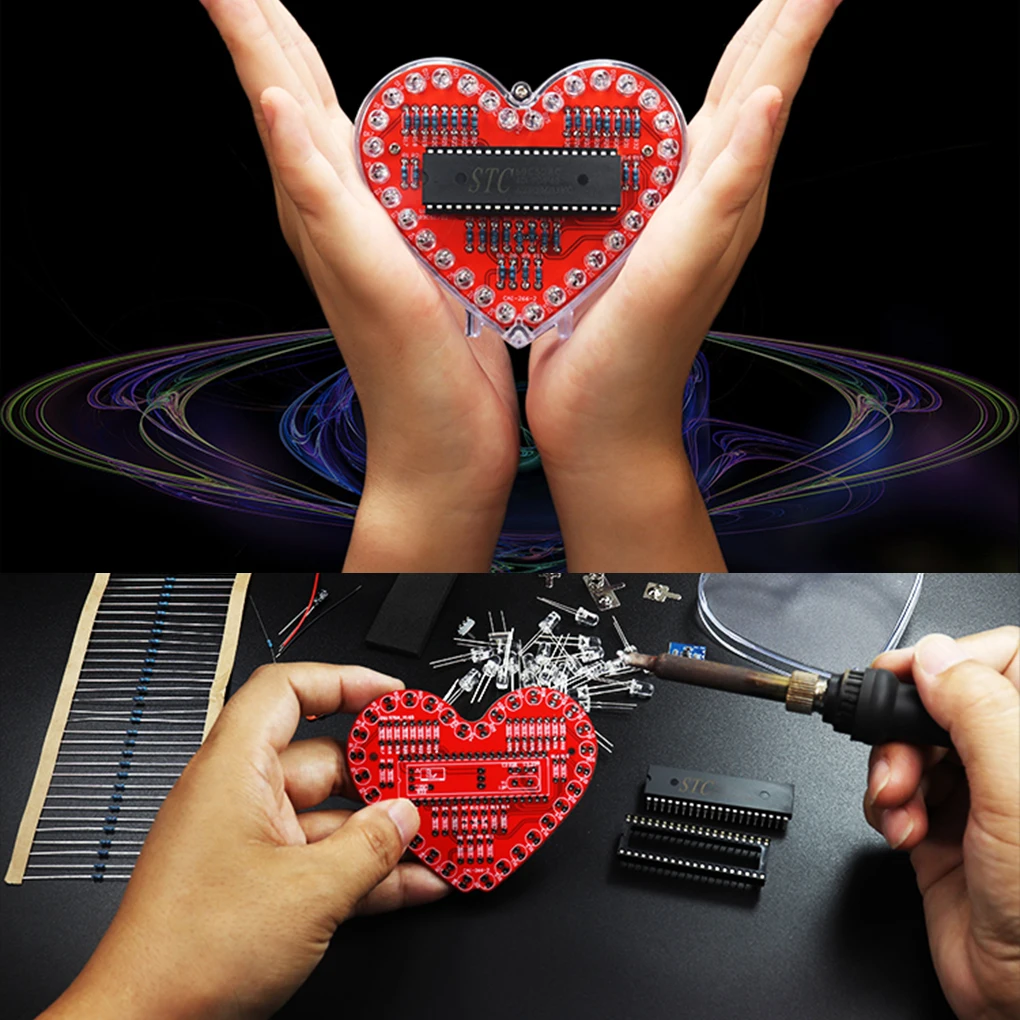 Multicolor LED Heart Shape Flow Light DIY Electronic Kit RGB Colorful Love Heart Water Lamp Welding Training