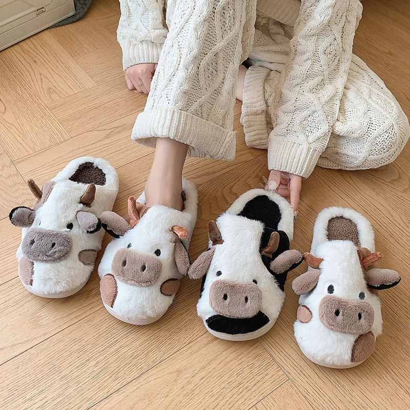 

Winter Warm Cartoon Milk Cow Plush Slippers Women Cute Thick Sole Non Slip House Slippers Woman Indoor Soft Fluffy Cotton Shoes