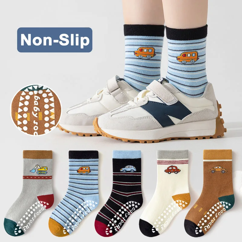 5 Pairs Boys Non-Slip Socks Set Cute Cartoon Car Bus Excavator Stripe Pattern Comfortable Breathable Kids Baby Floor Socks