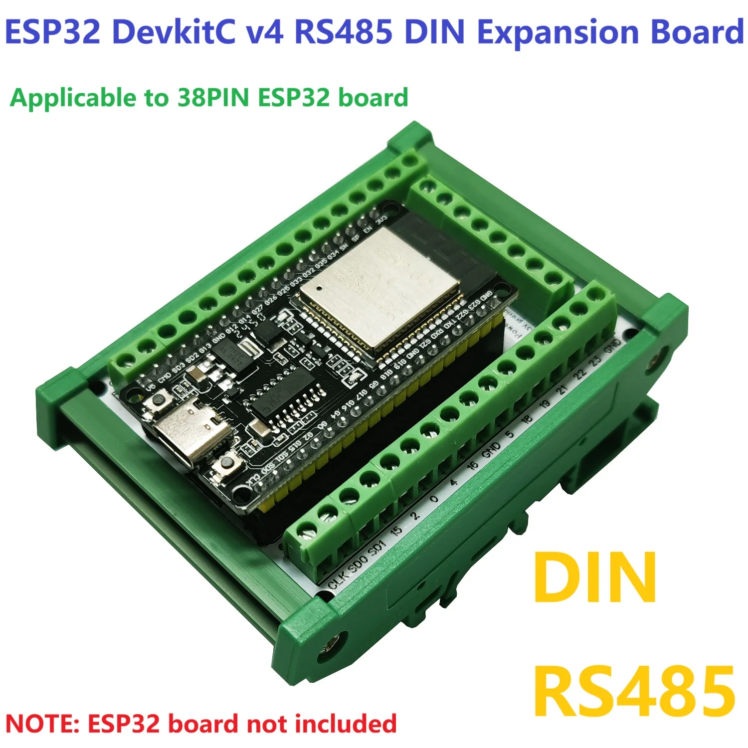 38PIN ESP32 DevkitC V4 RS485 DIN Rail Board, 2.4GHz WIFI BLE IOT, DC 7-30V 5V/3.3V, Industrial Remote IO PLC Kit