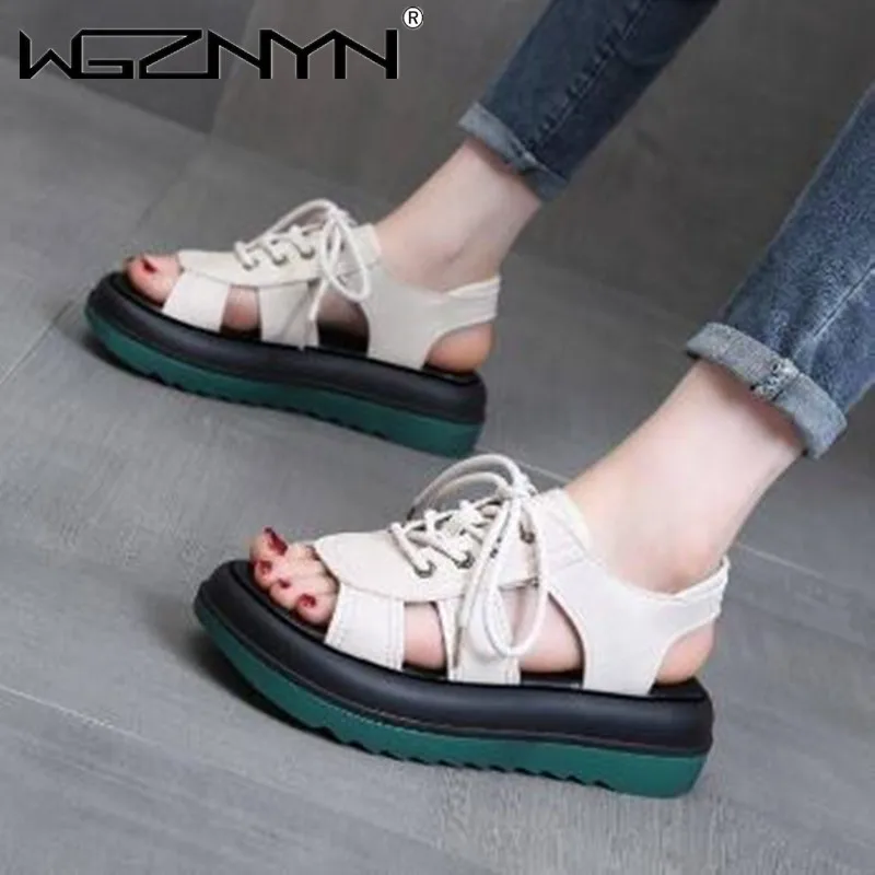 2023 Summer New Women\'s Sandals Vintage Lace Up Open Toe Non-slip Platform Shoes Comfortable Hollow Roman Sandal Zapatilla Mujer