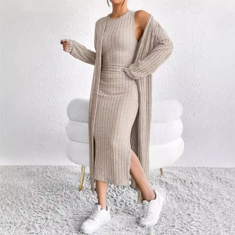 

Autumn Knit Cardigan Sleeveless Dress Set Simple Solid Color Trendy Maxi Length Coat Homewear Dress 2-Piece Set Women's Outfits