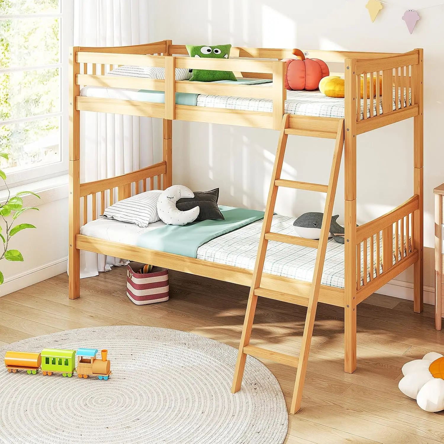 DUMOS Loft Twin Low Bunk Bed, Solid Wood Beds Frame with Slats, Low Bedframe with Ladder and Guardrail, No Box Spring Needed, Hi