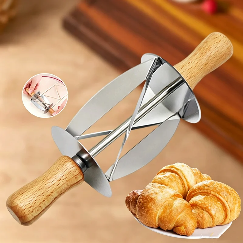 Stainless Steel Croissant Bread Dough Cutter With Wood Handle Multi-function Pastry Slicer Baking Tool