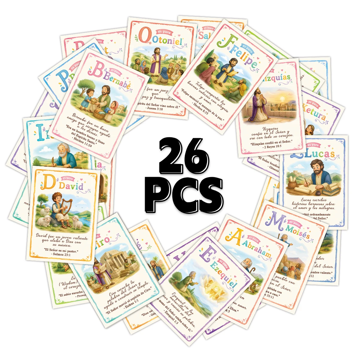26pcs Spanish Language Bible Alphabet Cards,Christian Biblical Character Learning Educational Vocabulary Cards For Sunday School