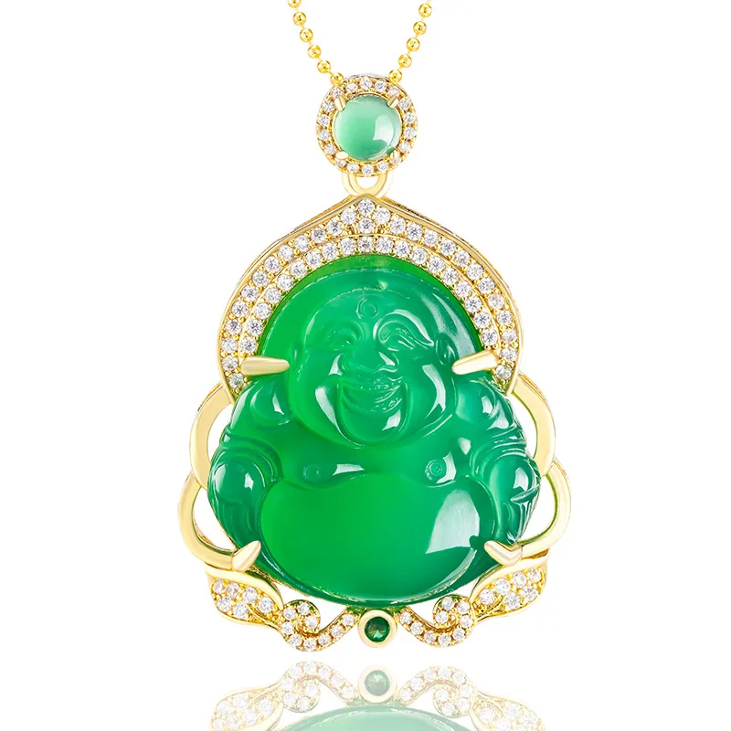 

Authentic natural green agate Buddha statue copper gold-plated with ice inlaid jade pendant necklace fashionable women's style
