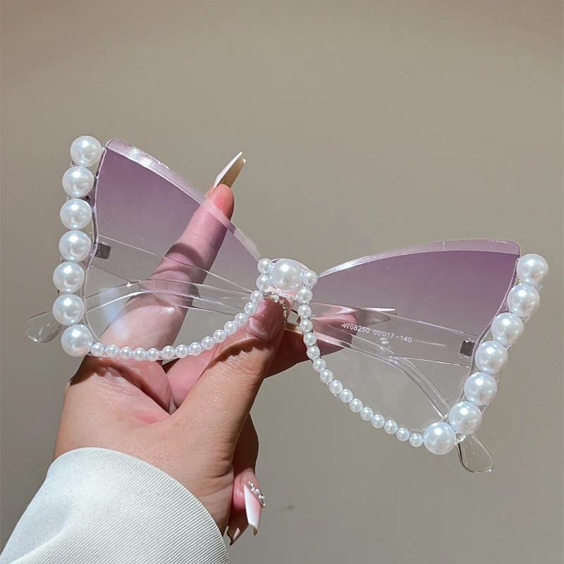 KAMMPT Oversized Sunglasses with Pearls Women Fashion Butterfly Shaped Gradient Shades 2026 New Trendy Brand Design Sun Glasses