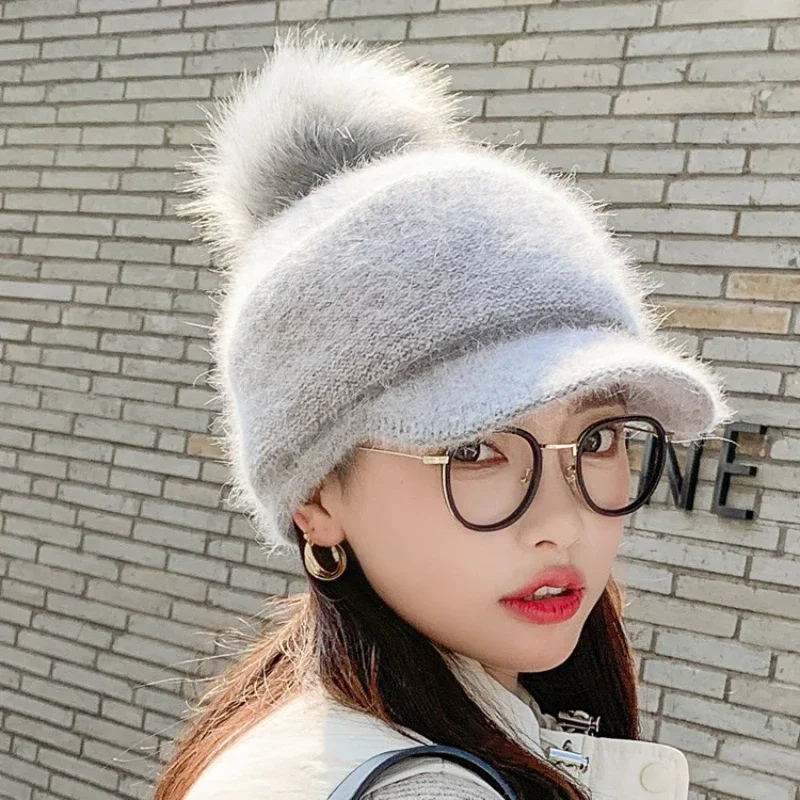 Women Winter Thick Warm Fuzzy Knit Beanie Cap with Visor Bill Cute Pompom Cold Weather Windproof Skullies Baseball Cap