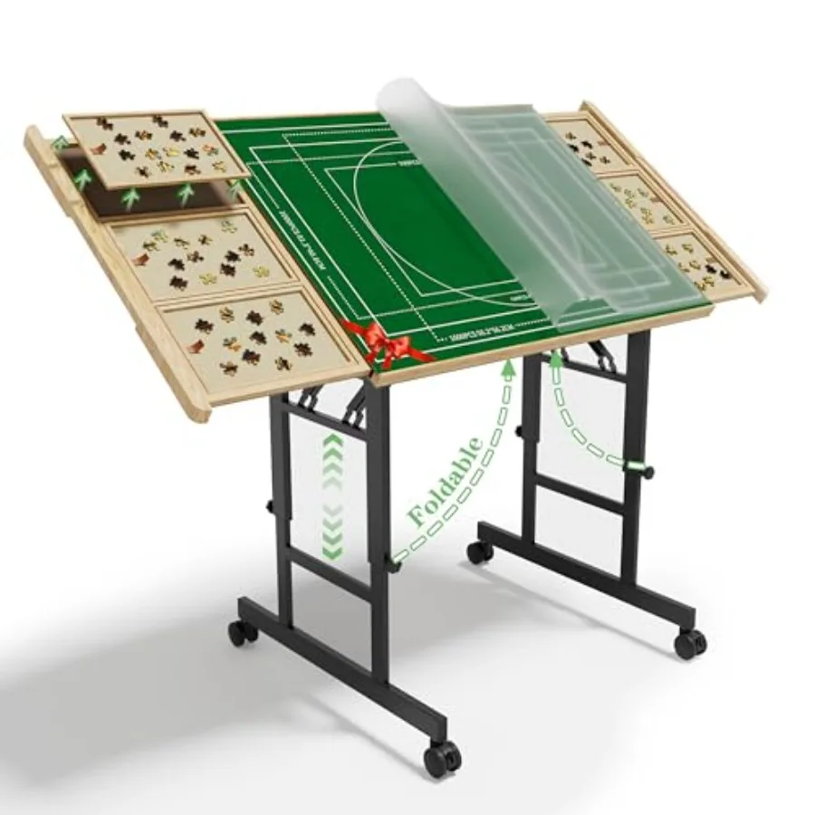 

Puzzle Table with Drawers - 1500 Pieces Folding Puzzle Tables for Adults, Tilting Jigsaw Puzzles Board with Sorting Trays, Tabl