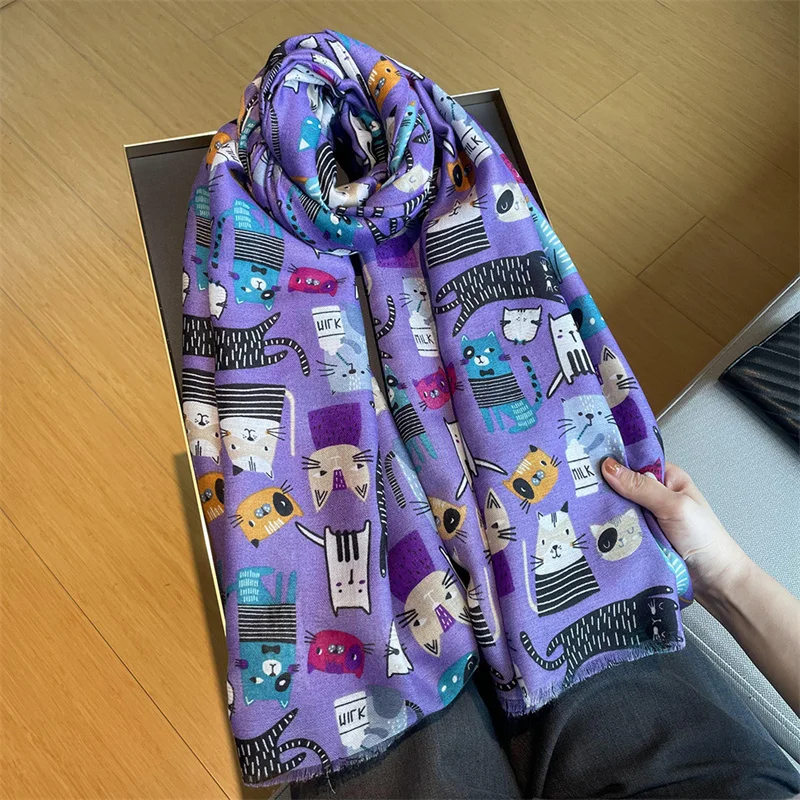 2024 Animal Cartoon Cat Pattern Fringe Viscose Scarf Lady Print Soft Voile Shawls and Wraps Pashmina Muslim Hijab Sjaal 180*90Cm