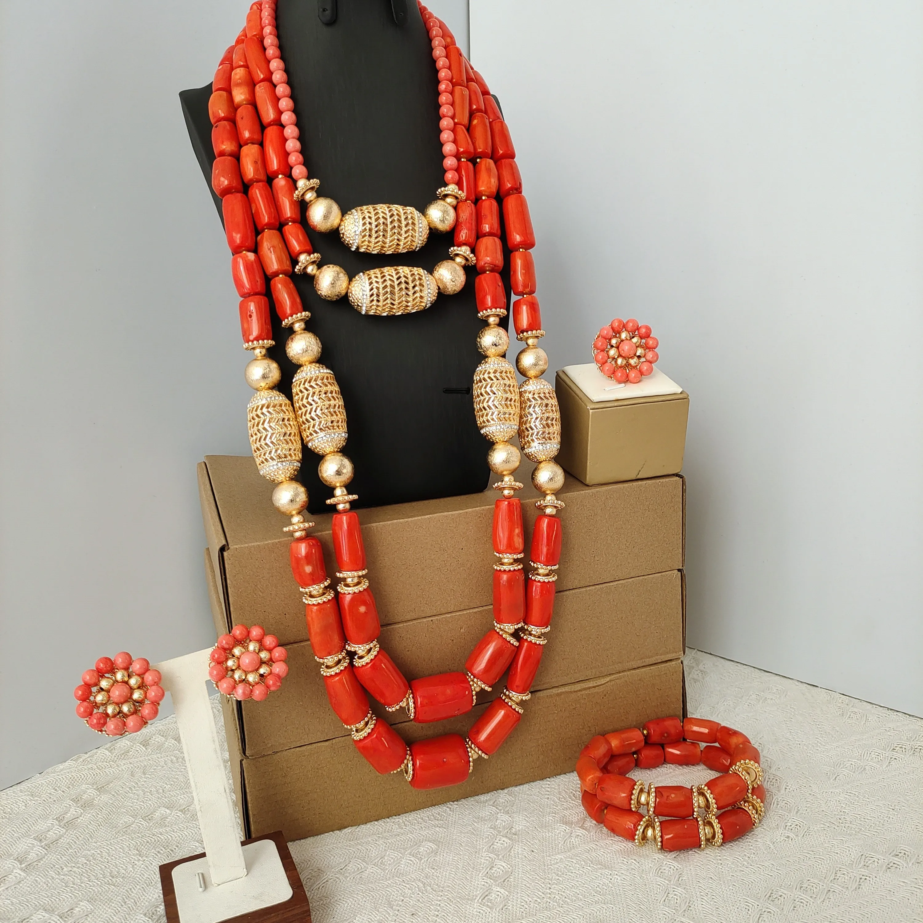 

Aczuv Nigerian Real Coral Beads Jewelry Set for Weddings 16inches Choker Necklace+32inches Long