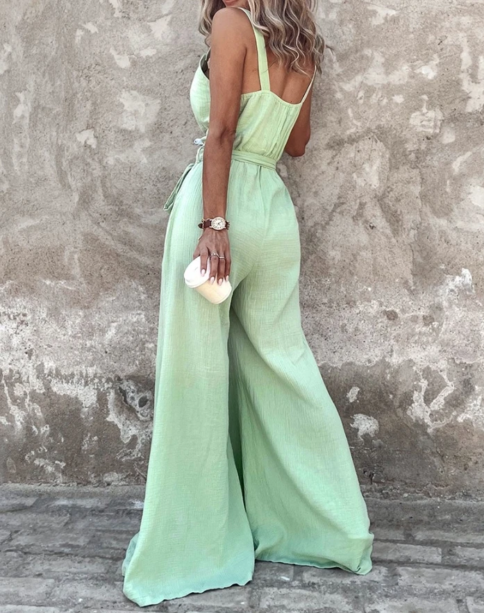 Women's Jumpsuit 2024 Summer Camisole Ribbed Backless Sleeveless Lace Up Button Tied Detail Wide Leg Jumpsuit Romper Street