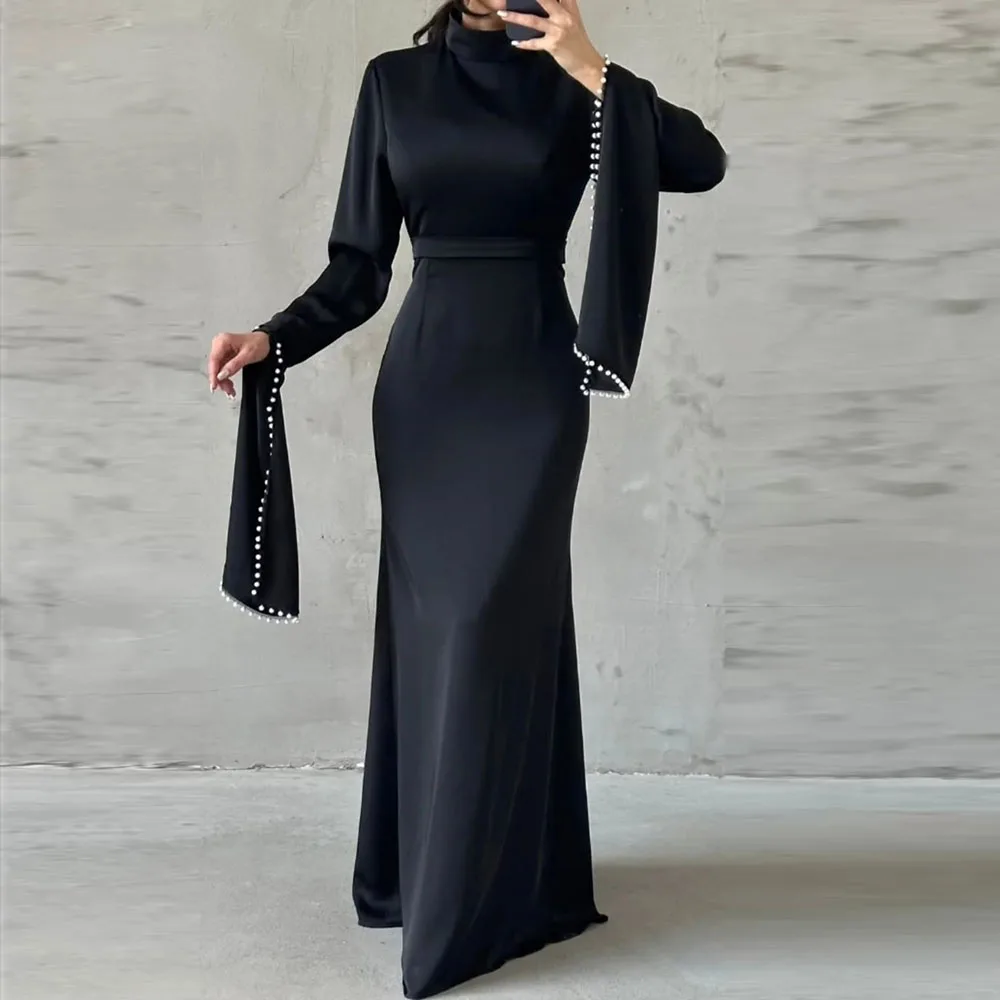 

Customized A-Line Evening Gown Floor-Length High-Neck Full Sleeve Prom Gown Fashion Beading Simple Draped Casual Party Gown