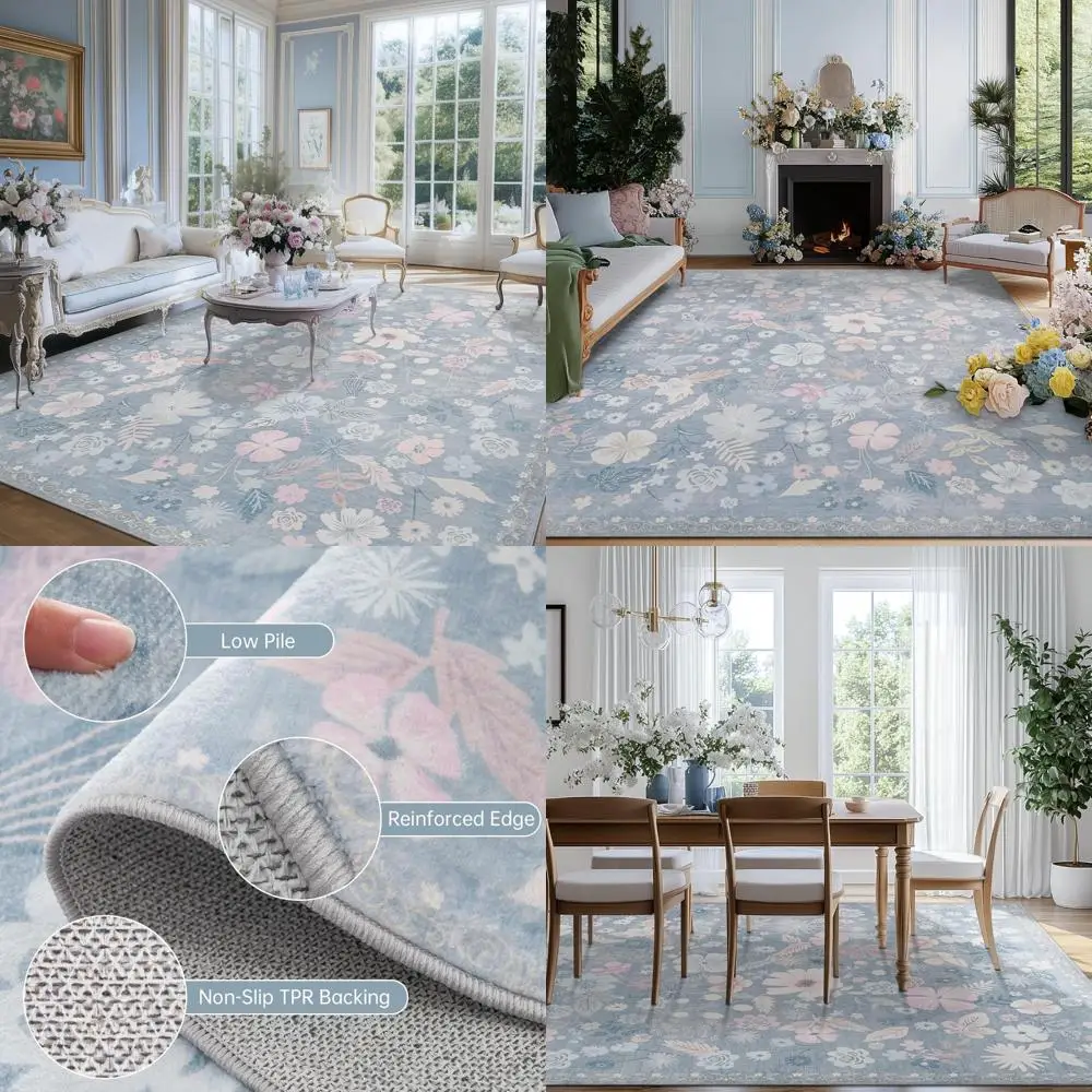 

Моющийся синий ковер 8x10 с цветочным принтом, пятностойкий ковер для гостиной, мягкий винтажный садовый стиль в стиле бохо, низкий ворс