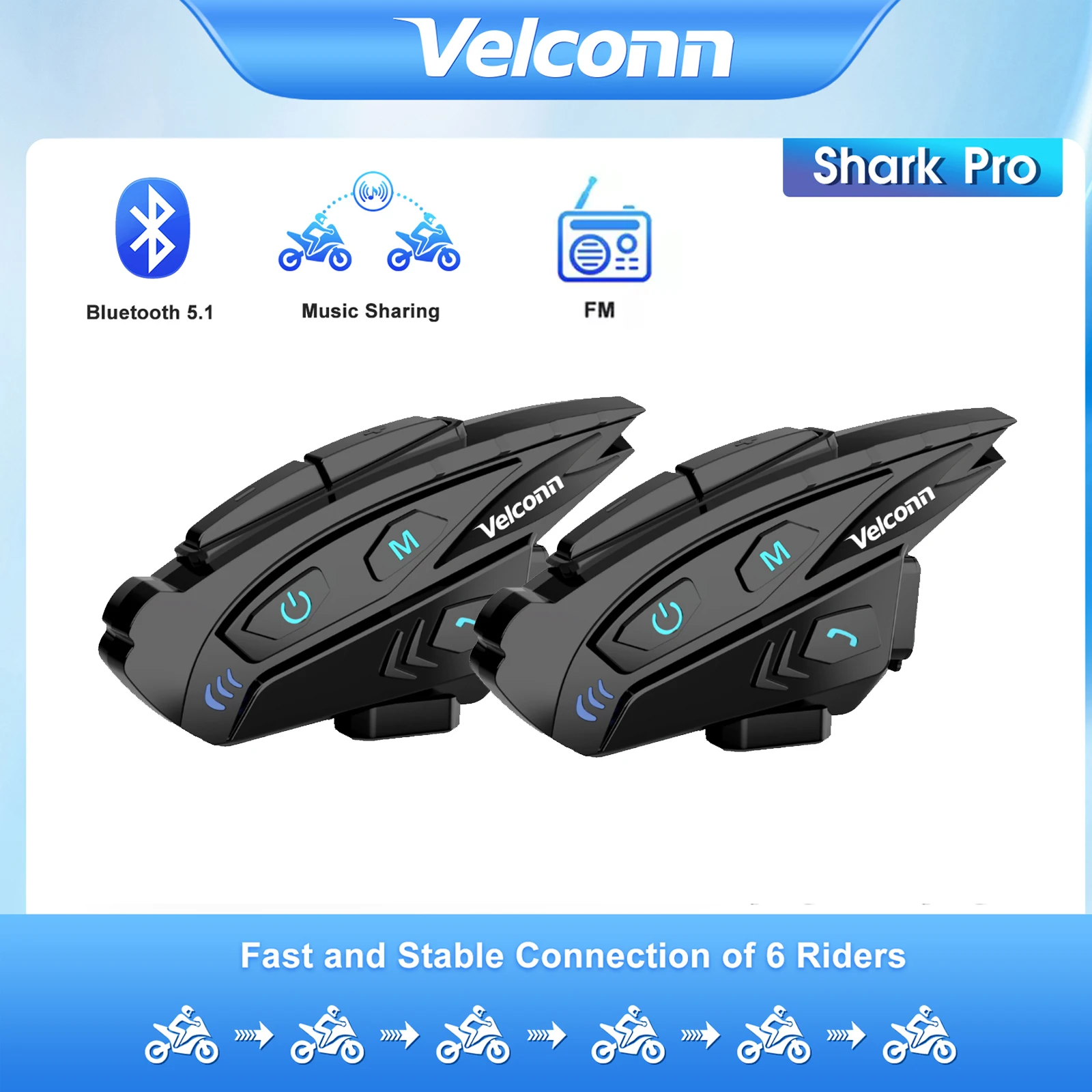 

Velconn Shark Pro Motorcycle Intercom Music Sharing Helmet Bluetooth Headset 6 Riders 2KM Full Duplex Interphone FM Radio IP65