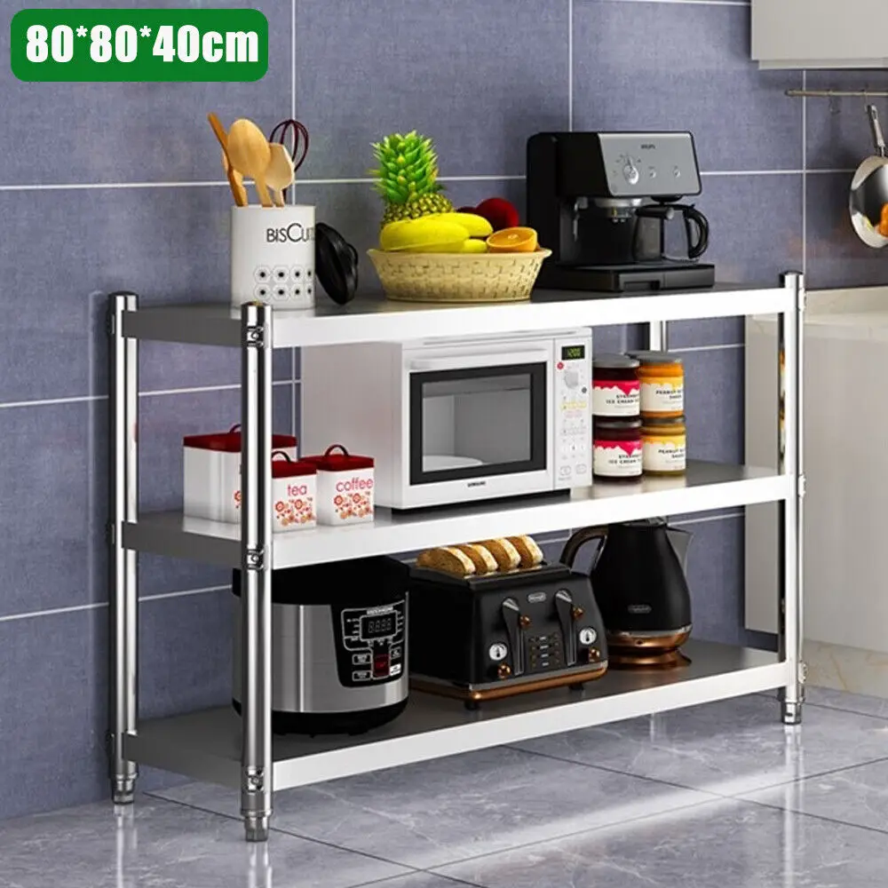 Three Layer Metal Shelf 80*80*40 cm Kitchen Storage Stainless Steel Food Support Easy To Assemble