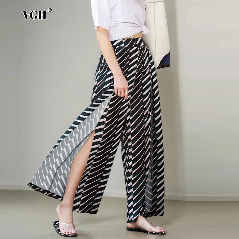 

VGH Sheer Casual Summer Trousers For Women High Waist Patcwork Pockets Split Loose Wide Let Long Pants Female Fashion Clothing