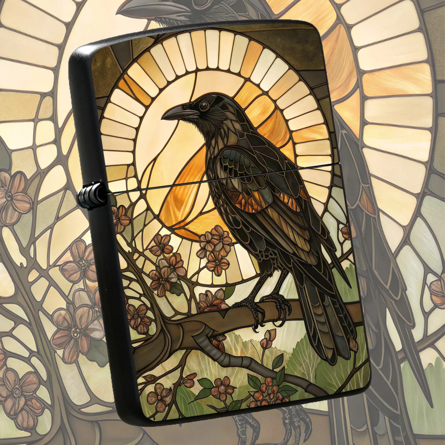 Vintage Stained Glass CROW Themed , Artistic Print Windproof PORTABLE, Durable Sturdy Body, Ideal for Daily Use, Collectibles, Gifting to Friends Family, Artistic Atmospheric Desktop EDC Decor for  A fun and humorous lighter