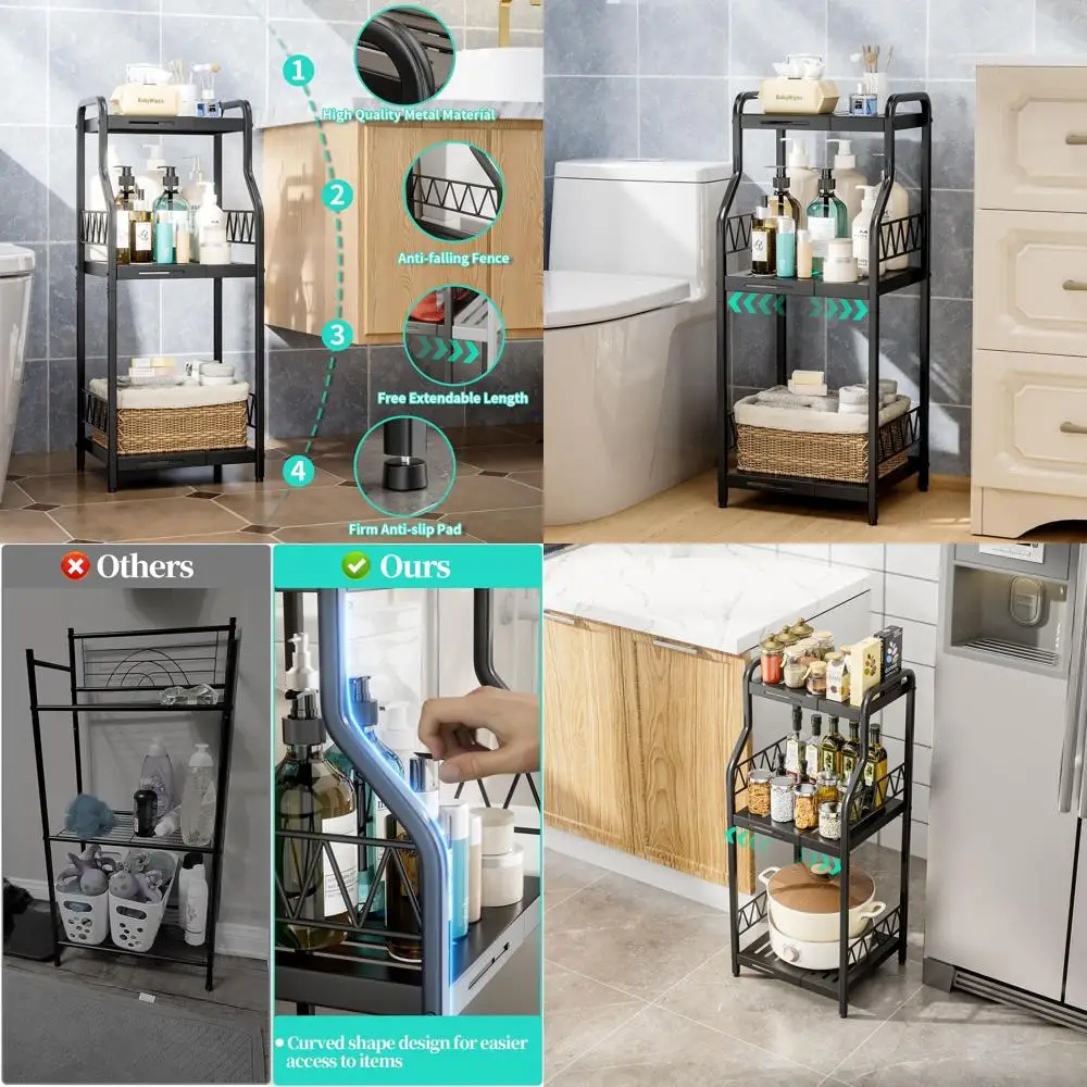 

3-Tier Adjustable Metal Shelving Unit for Compact Storage in Bathroom, Laundry, and Kitchen (Black)