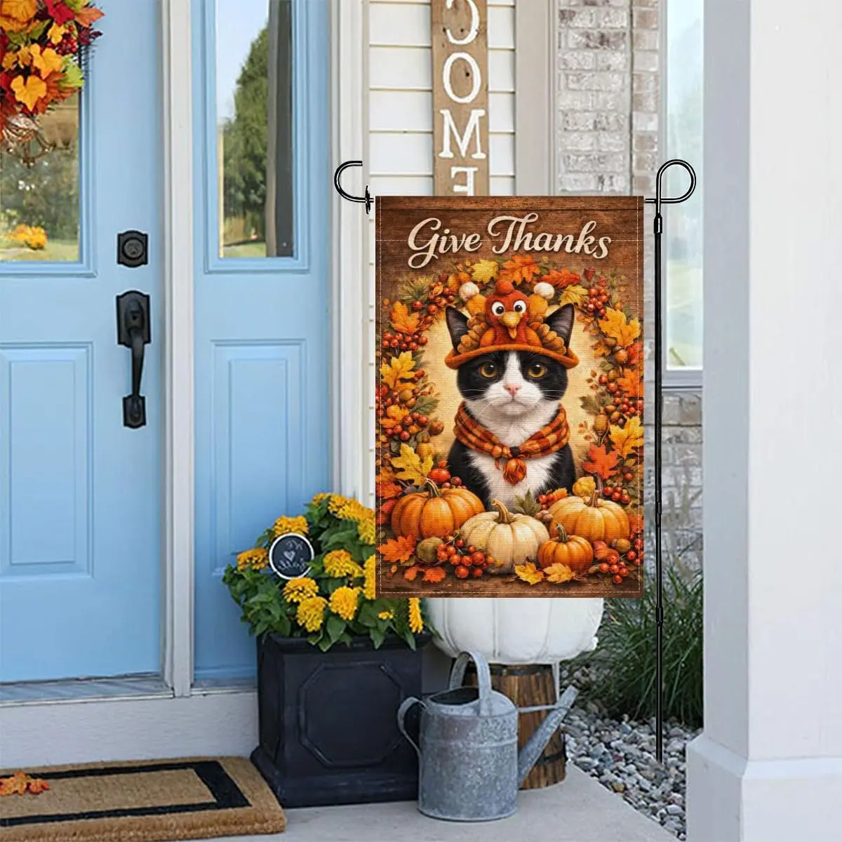 Give Thanks Tuxedo Cat Garden Flag Thanksgiving Fall with Autumn Pumpkin Double Sided Outside Yard Decoration Small Yard Fla PPZ